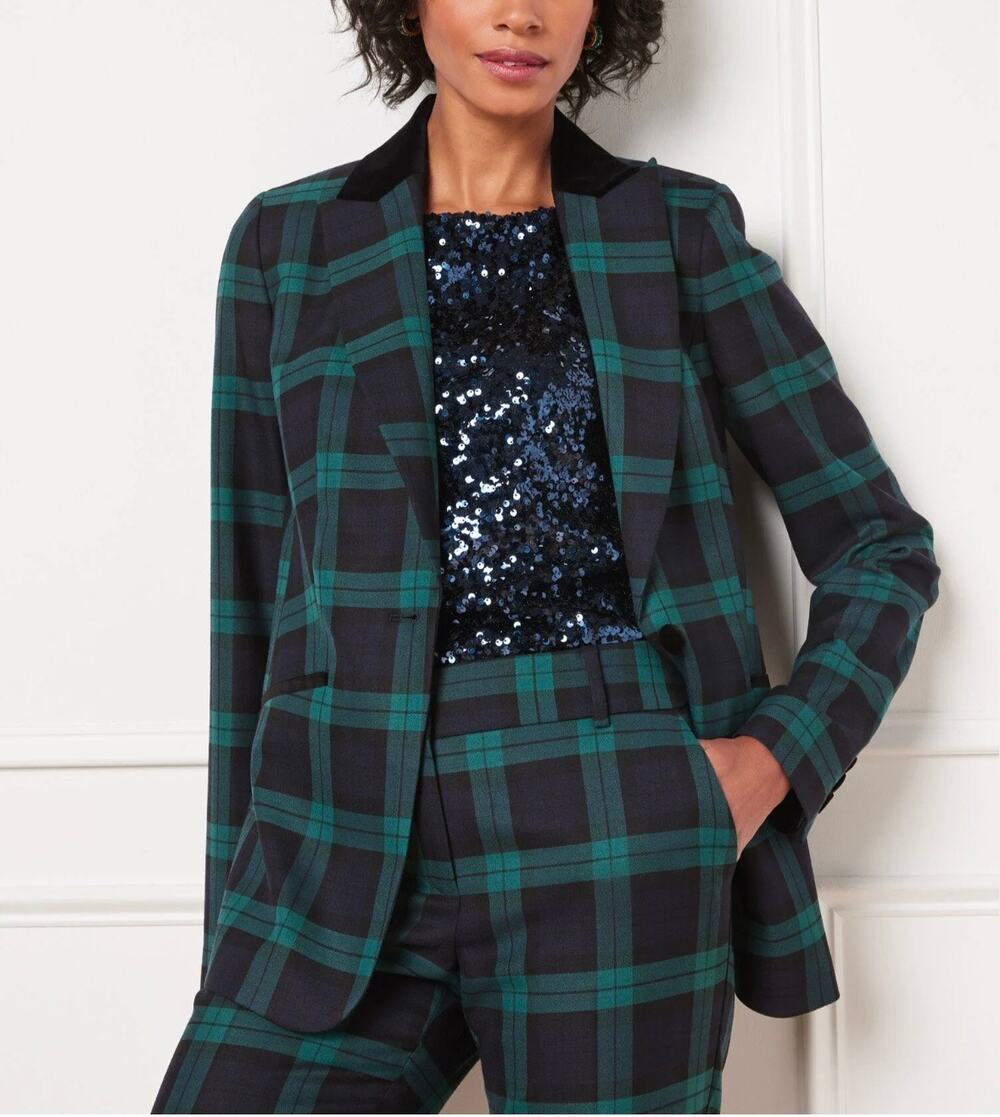 Talbots Dashing Tartan Wool Blazer Green Black Plaid Holiday Christmas Size 14